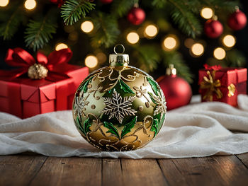 Close-up of christmas decorations on table
