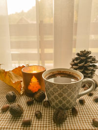 Close-up of tea cup on table