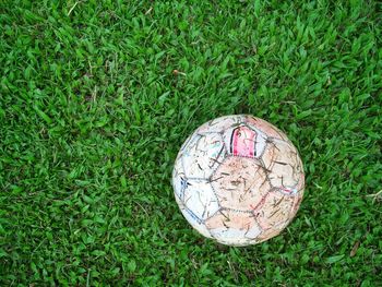 High angle view of soccer ball on field