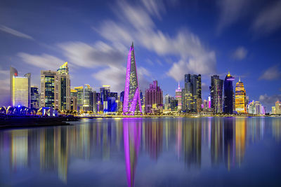 Illuminated buildings in city