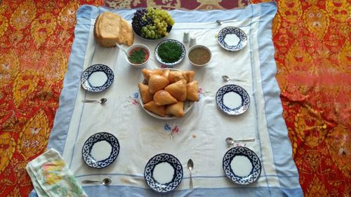 High angle view of food served on table