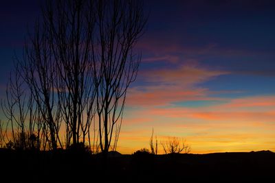 Silhouette bare trees on field against romantic sky at sunset