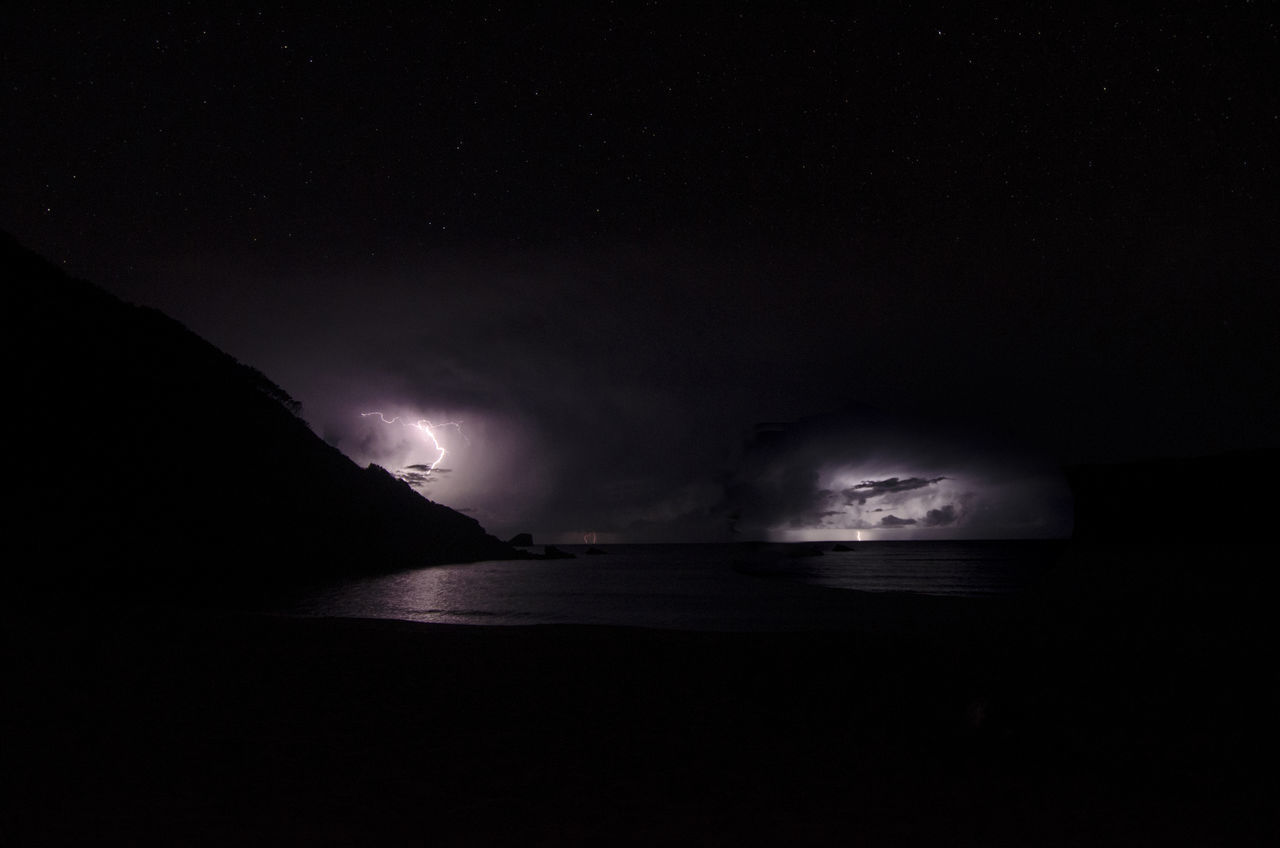 SCENIC VIEW OF SEA AGAINST DARK SKY