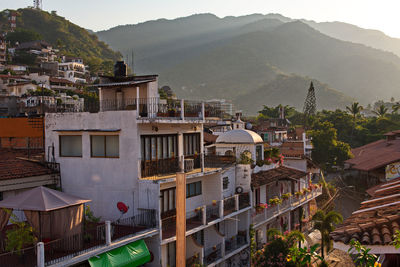 High angle view of houses in town