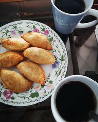 High angle view of breakfast served on table