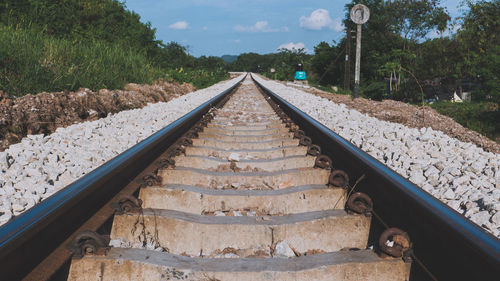 Surface level of railroad tracks against sky