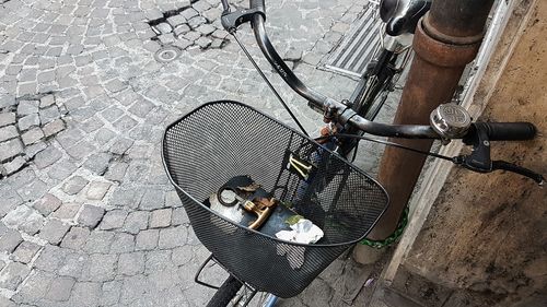 High angle view of bicycle in basket