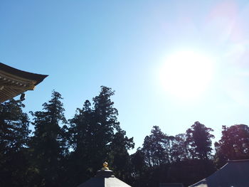 Low angle view of trees and buildings against sky