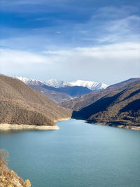 Scenic view of lake and snowcapped mountains against sky