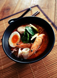 Close-up of soup in bowl on table