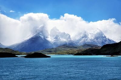 Scenic view of snowcapped mountains against sky