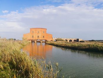 Buildings by lake against sky