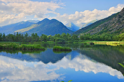 Scenic view of lake and mountains against sky