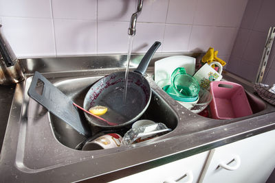 High angle view of faucet in bathroom at home