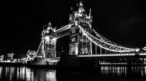 Illuminated bridge over river at night