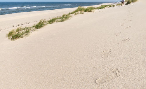 High angle view of footprints on sand at beach