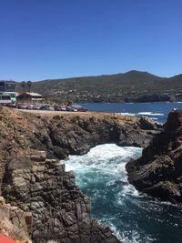 Scenic view of sea against clear blue sky