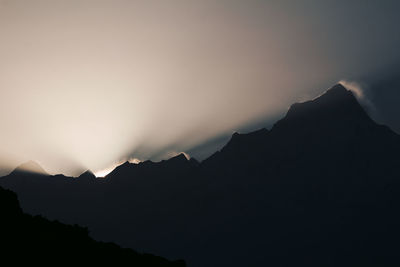 Scenic view of silhouette mountains against sky at sunset