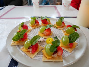 Close-up of dessert served on table