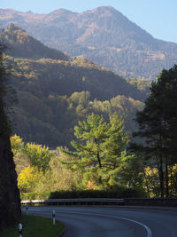 Road amidst trees and mountains against sky