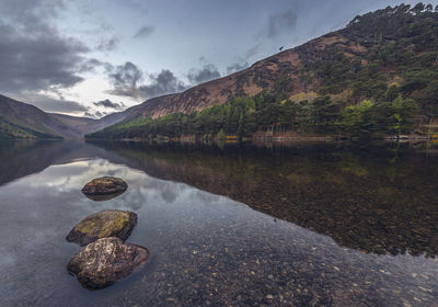 Scenic view of lake and mountains against sky