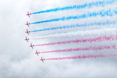 Low angle view of airplanes against sky during air show