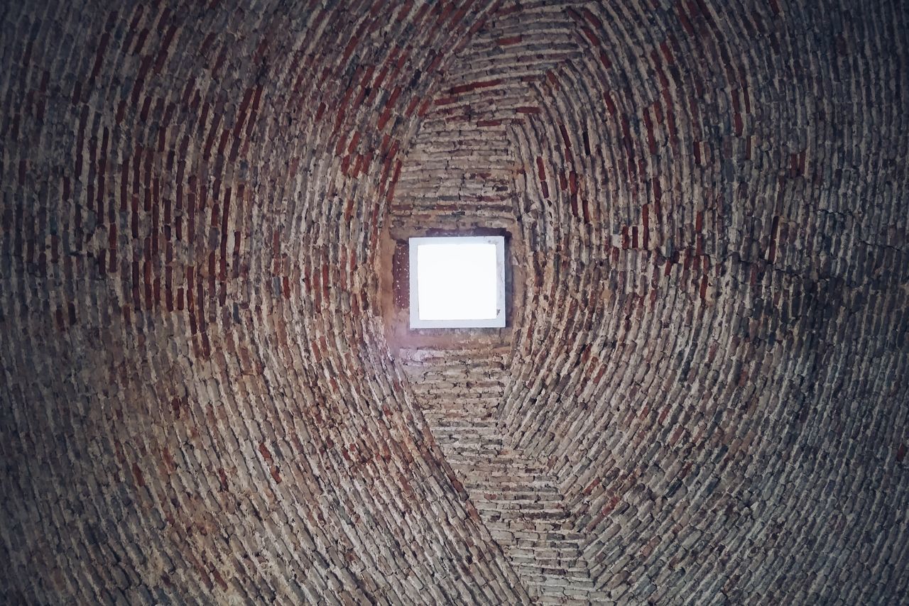 indoors, full frame, backgrounds, textured, pattern, old, circle, built structure, architecture, close-up, no people, wall - building feature, ceiling, wall, design, wood - material, geometric shape, hole, damaged, day