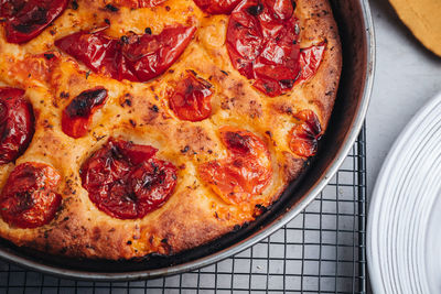 High angle view of pizza on table