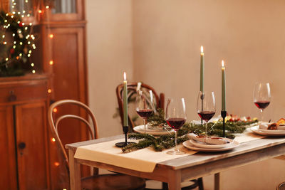 View of wine glasses on table