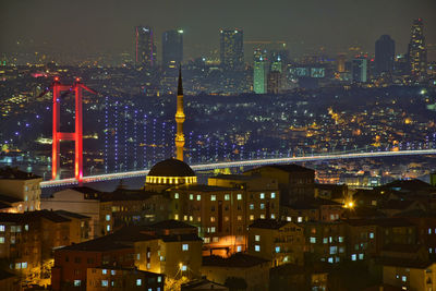 Illuminated buildings in city at night