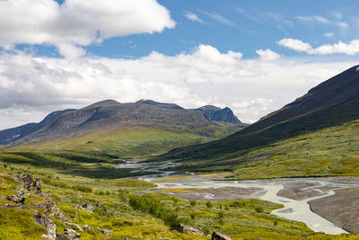 A beautiful summer landscape with rapa river rapadalen in sarek national park in sweden.