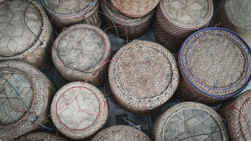 High angle view of wicker containers for sale