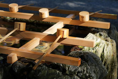 High angle view of objects on wood