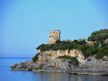 Scenic view of sea against clear blue sky