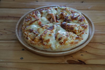 High angle view of pizza on table