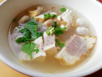 High angle view of soup in bowl