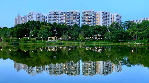 Reflection of trees and buildings on lake