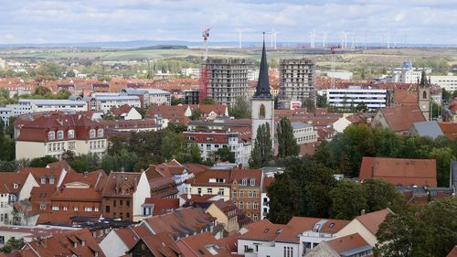 High angle view of townscape against sky