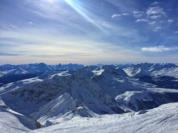 Aerial view of snowcapped mountains against sky