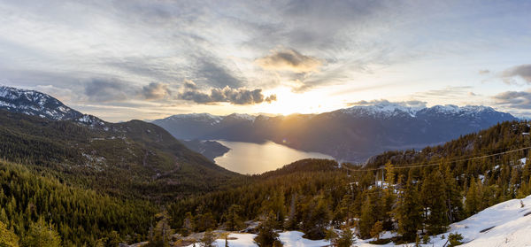 Scenic view of snowcapped mountains against sky during sunset