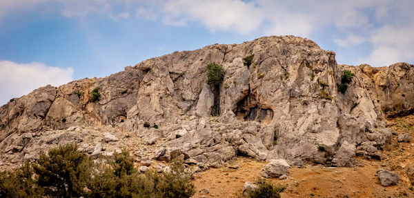 Low angle view of rock formations against sky