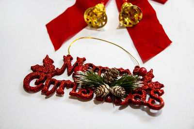 High angle view of christmas decoration on table