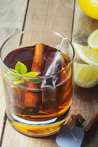 High angle view of drink on table