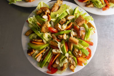 High angle view of salad in plate on table