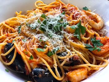 Marinara pasta with king prawns, mussels, squid and a garlic and tomato sauce.