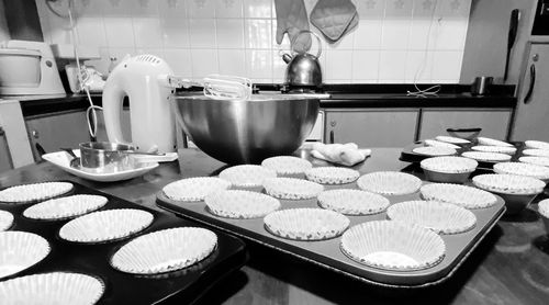 High angle view of cupcakes in kitchen