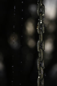 Close-up of water drops falling on metal