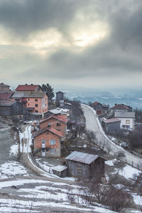 High angle view of townscape against sky during winter