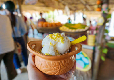 Coconut milk ice cream in clay pot.