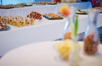 Close-up of served food in plate on table